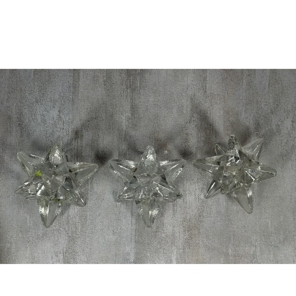 Vintage MCM 9 Point Clear Glass Starburst Candle Holders Set of 3 Celestial 70s